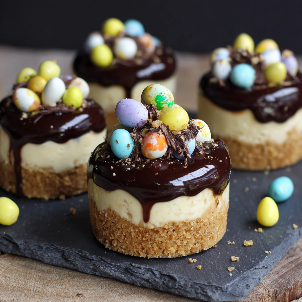 A stunning close-up of a finished No-bake Mini Egg cheesecake, adorned with colorful Mini Eggs on top.