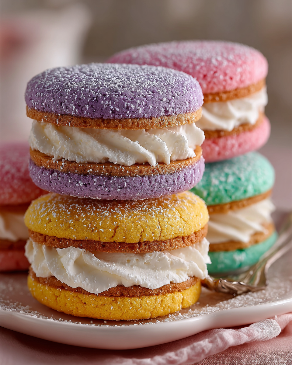 A plate of delightful pastel sugar cookie sandwiches, filled with creamy frosting and artfully arranged for serving.