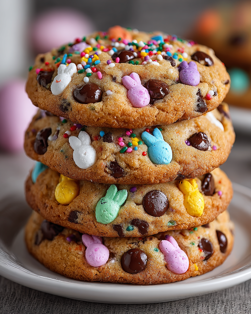 A plate of golden-brown Peep stuffed Easter cookies, warm and gooey, ready to be enjoyed.