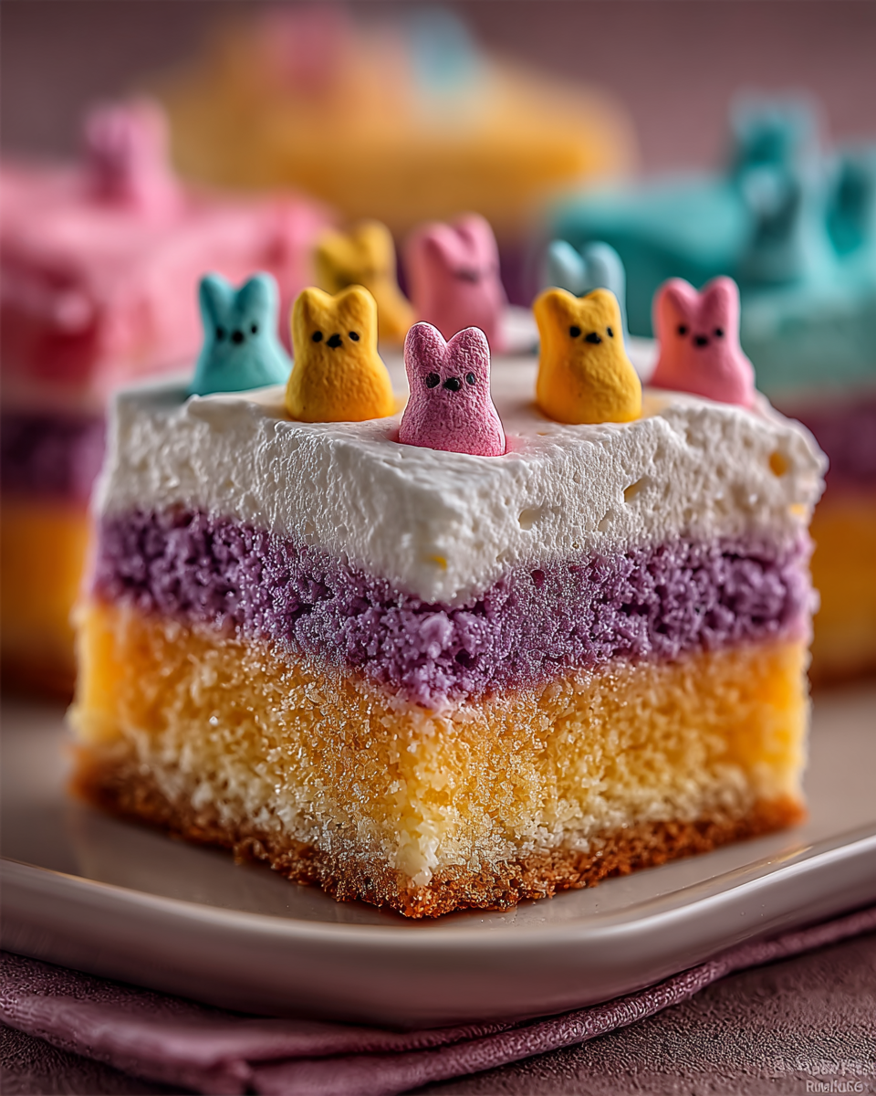 Delicious Peeps sugar cookie bars topped with colorful marshmallow Peeps, sprinkles, and sweet frosting, ready to be enjoyed.