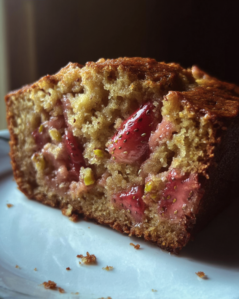 A beautiful, golden-brown loaf of Rhubarb Bread, sliced to reveal the pink fruit inside, on a cooling rack.