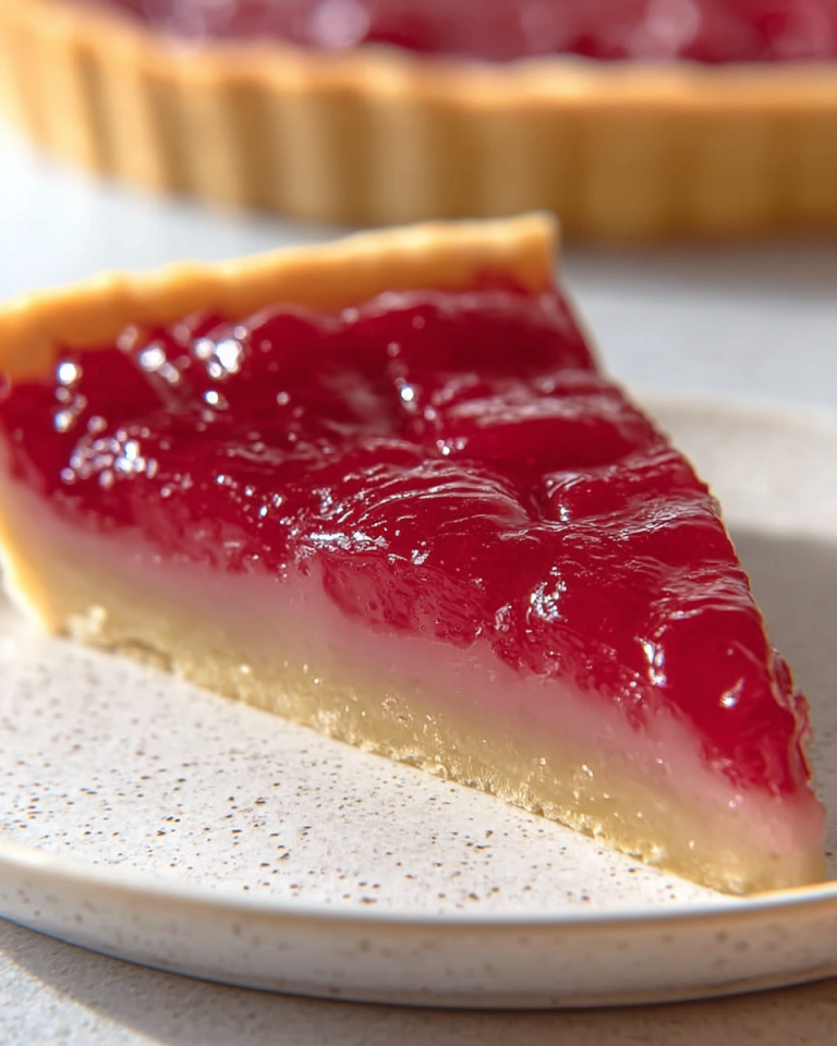 A golden-brown Rhubarb Custard Tart, freshly baked with a glistening fruit topping and a flaky crust, ready to be served.