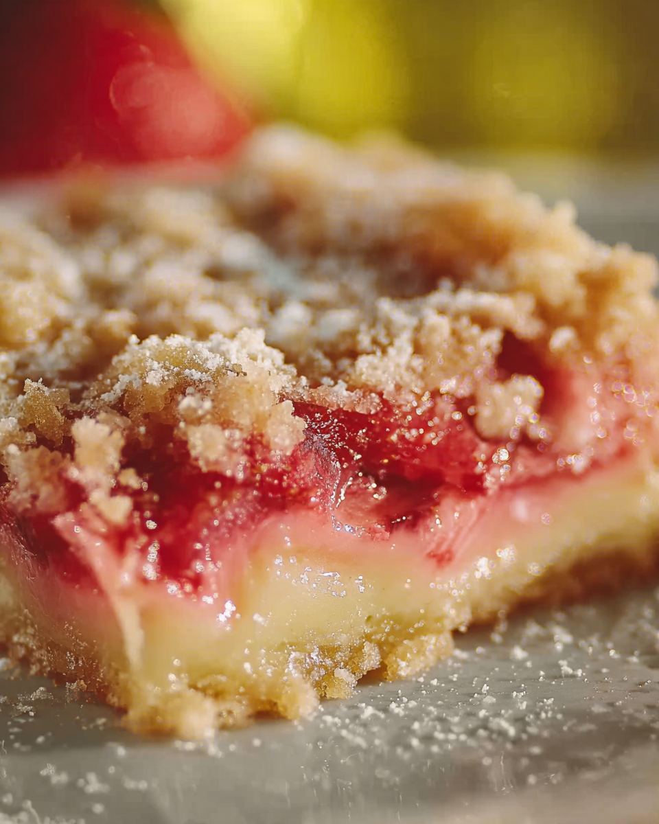 Close-up of golden brown Rhubarb Dream Bars with a creamy filling, dusted with powdered sugar, ready to serve.