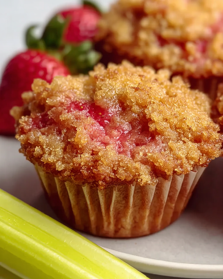 Freshly baked rhubarb muffins with a golden-brown top and a hint of pink rhubarb peeking through, perfect for breakfast.