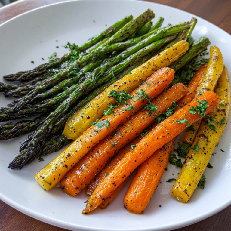 A vibrant side dish of tender roasted asparagus and carrots, perfectly browned and ready to serve.