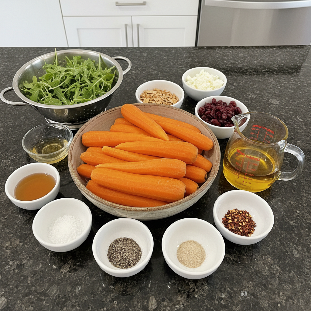 Fresh carrots, herbs, and other ingredients laid out for a Roasted Carrot Salad.