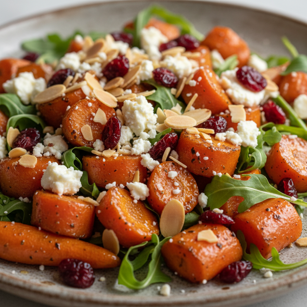 A vibrant Roasted Carrot Salad with fresh herbs and a drizzle of dressing, ready to serve.