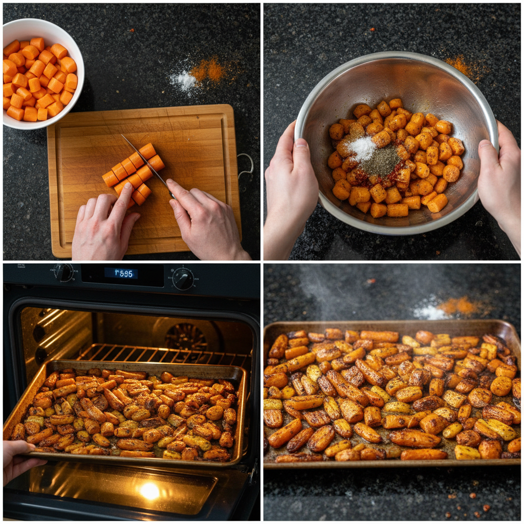 Carrots roasting on a sheet pan, a key step in preparing a Roasted Carrot Salad.