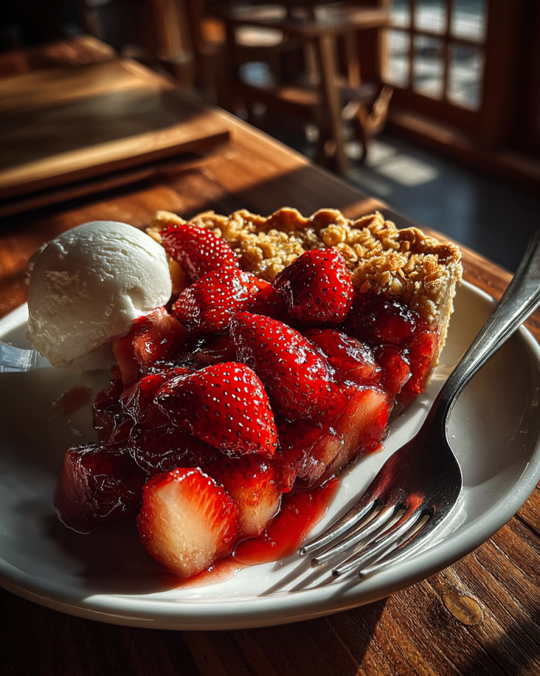 A close-up of a warm, golden-crusted roasted strawberry rhubarb pie with a beautiful lattice top, ready to serve.
