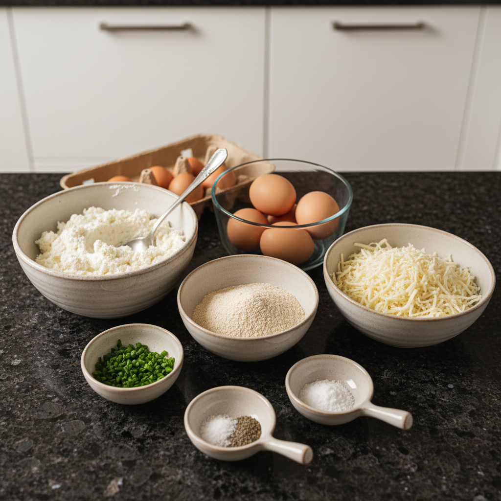 All fresh ingredients for Savory Cottage Cheese Waffles, including cottage cheese, flour, eggs, and chopped herbs, laid out on a wooden board.