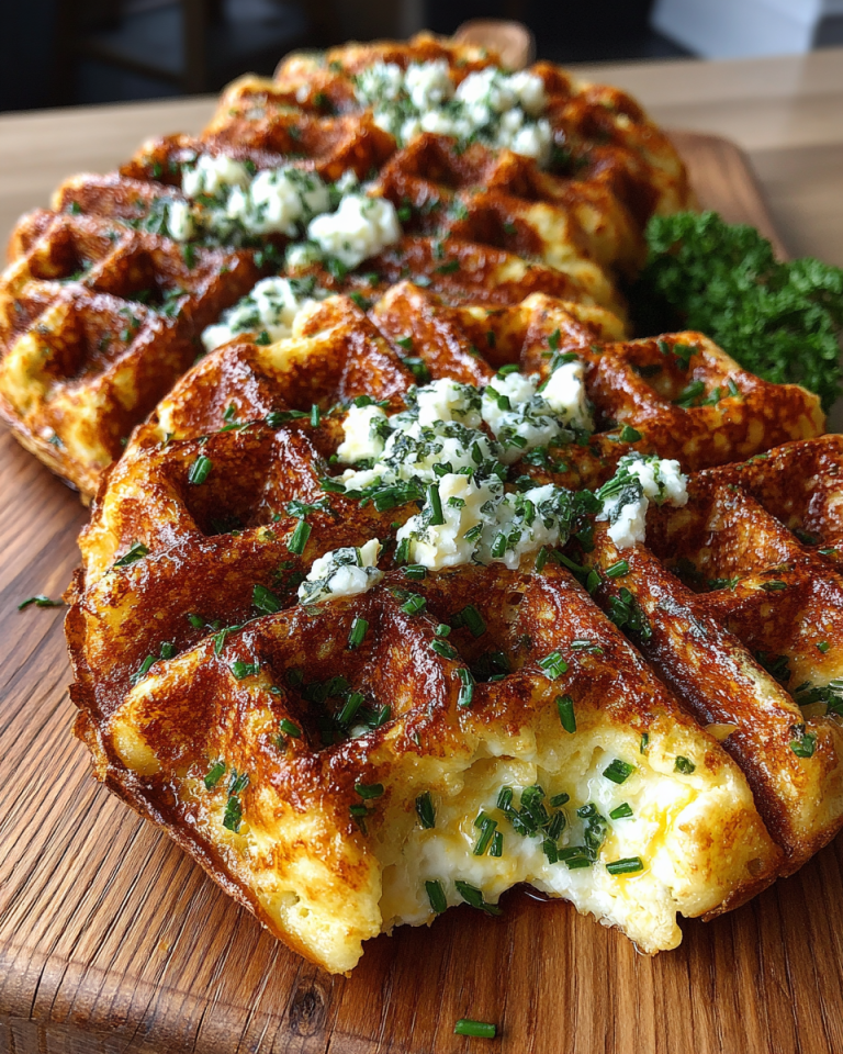A stack of golden Savory Cottage Cheese Waffles garnished with fresh chives and a dollop of sour cream.