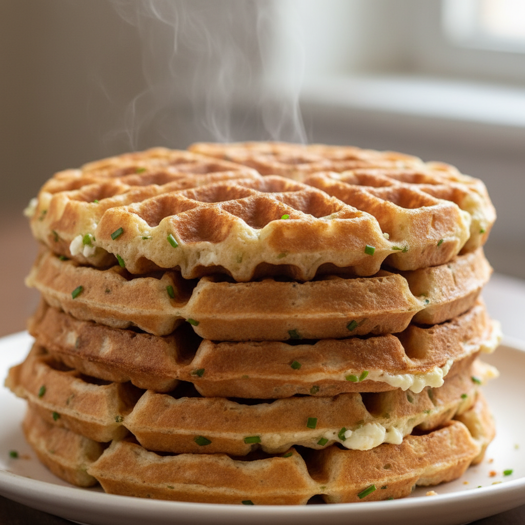 A stack of golden-brown Savory Cottage Cheese Waffles, garnished with fresh chives and a fried egg.