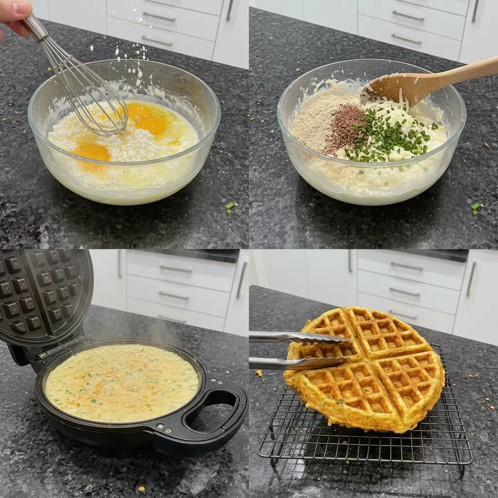 A close-up of hands mixing the creamy batter for Savory Cottage Cheese Waffles in a white bowl with a whisk.