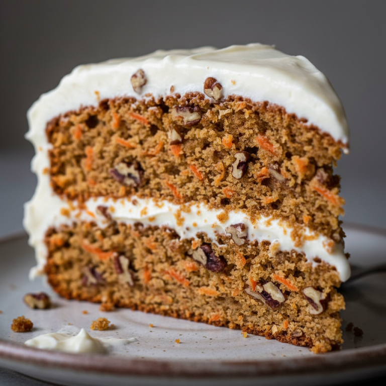 A beautifully sliced Sourdough Carrot Cake with cream cheese frosting and walnuts, ready to be enjoyed.