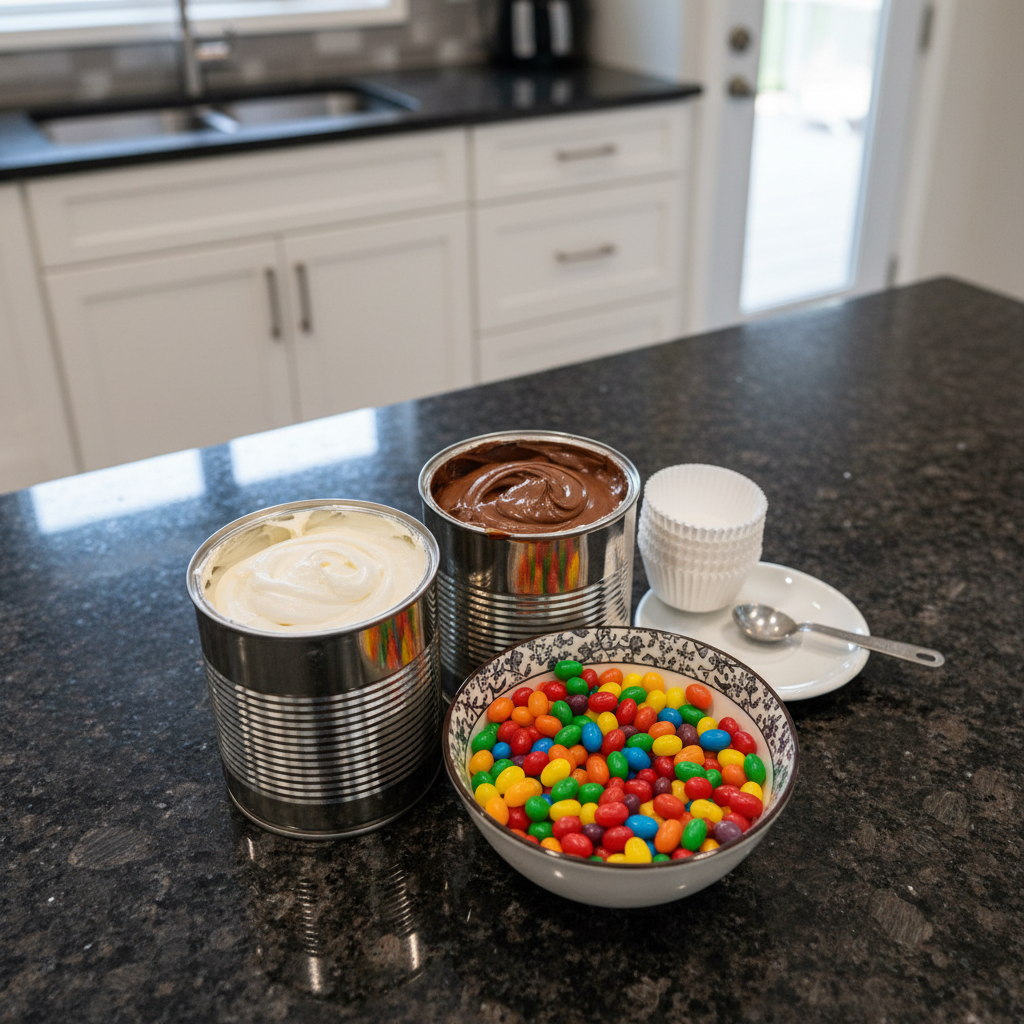 Fresh ingredients laid out for baking vibrant Spring Cupcakes on a rustic wooden table.