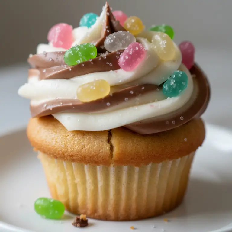 Delicious Spring Cupcakes topped with pastel frosting and delicate edible flowers, ready to be enjoyed.