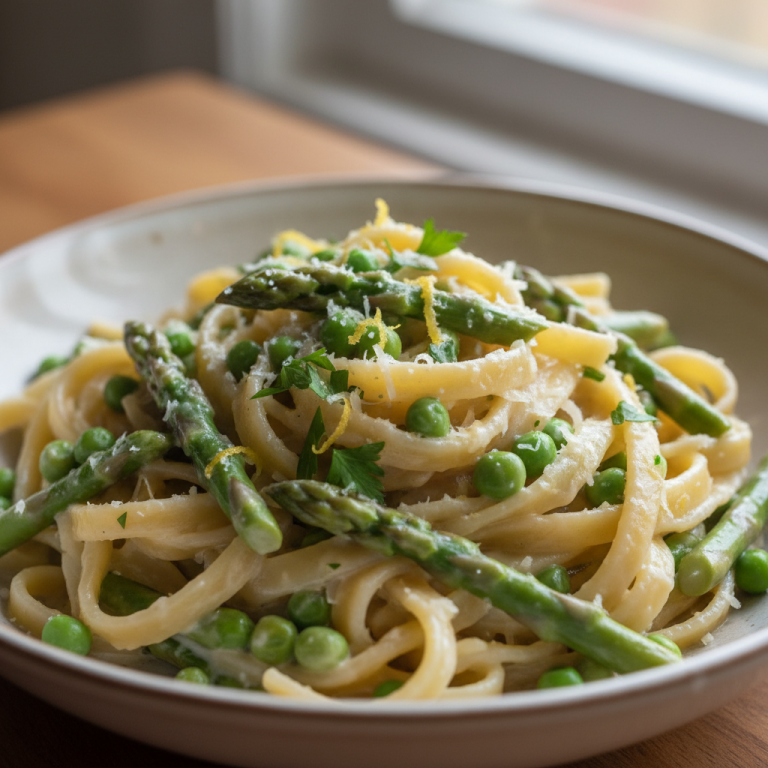 A vibrant bowl of Spring Fettuccine with Asparagus, garnished with fresh herbs and Parmesan, ready to enjoy.