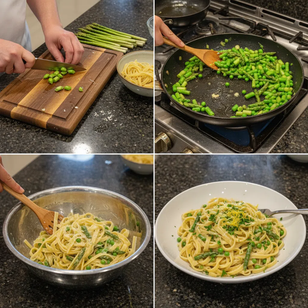 Hands tossing Spring Fettuccine with Asparagus and other fresh vegetables in a large pan during preparation.