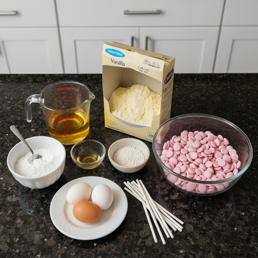 A collection of ingredients for making Starbucks Cake Pops, including cake mix, frosting, chocolate, and sprinkles.