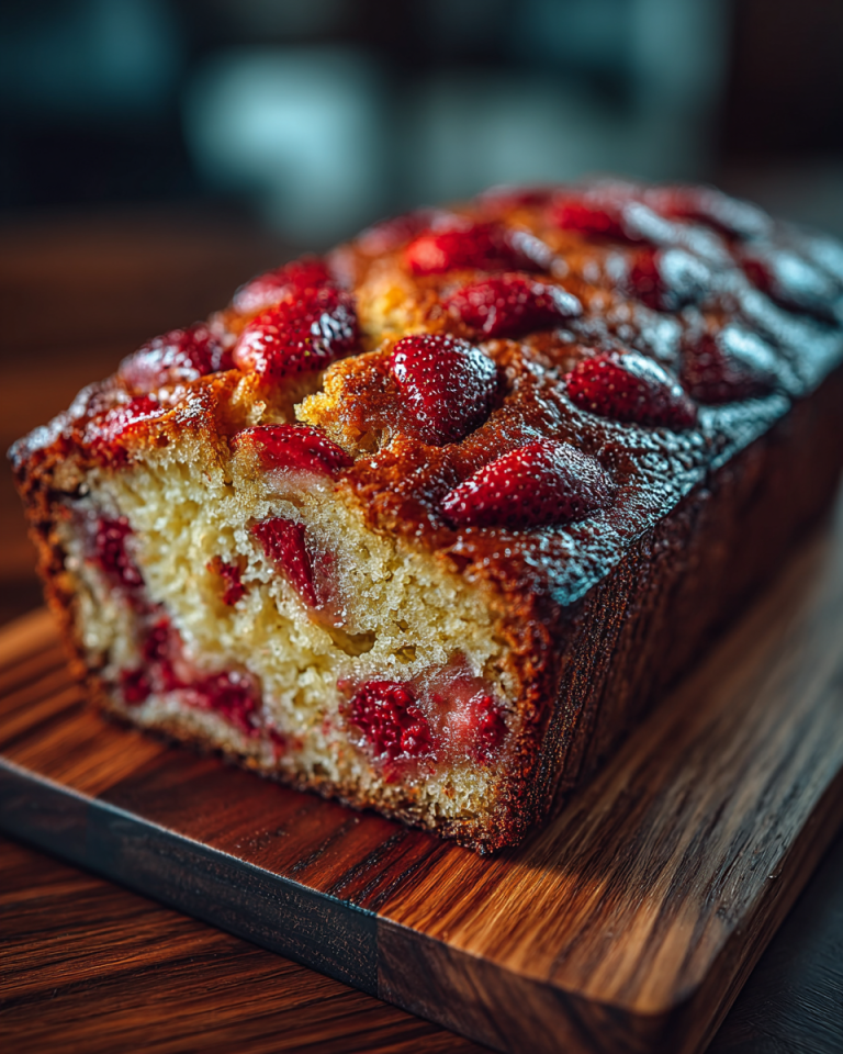 A golden-brown loaf of freshly baked Strawberry Banana Bread, sliced to reveal a moist, fruity interior.