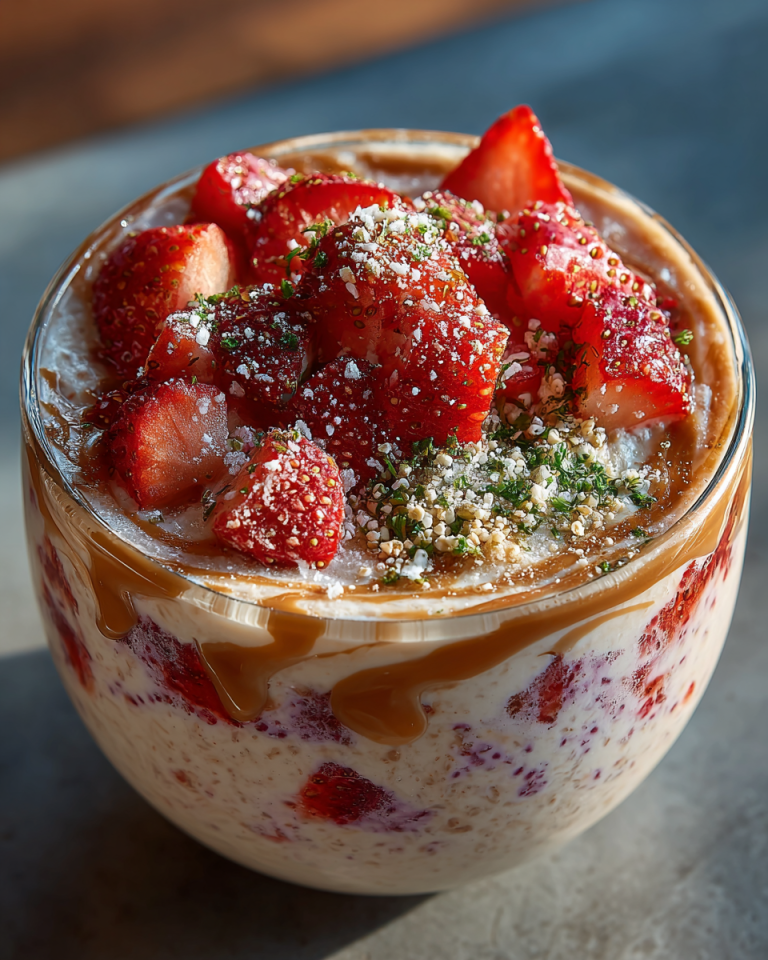 A close-up shot of a glass jar filled with creamy strawberry overnight oats, topped with fresh sliced strawberries.