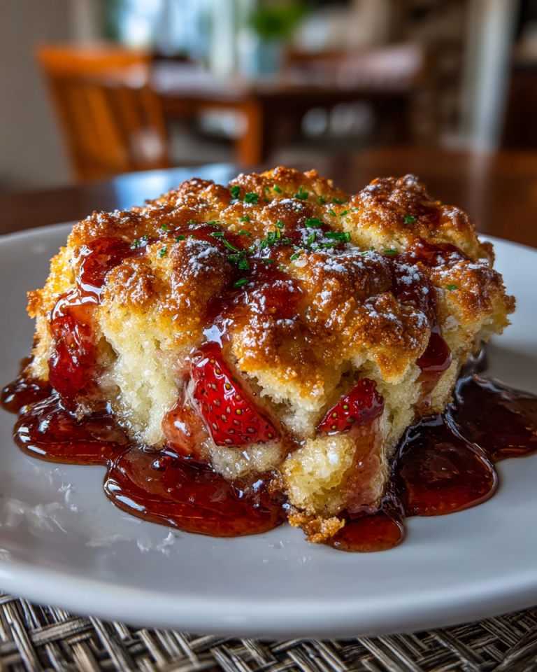 A golden-brown strawberry rhubarb cobbler with a bubbly fruit filling, garnished with fresh mint on a wooden board.