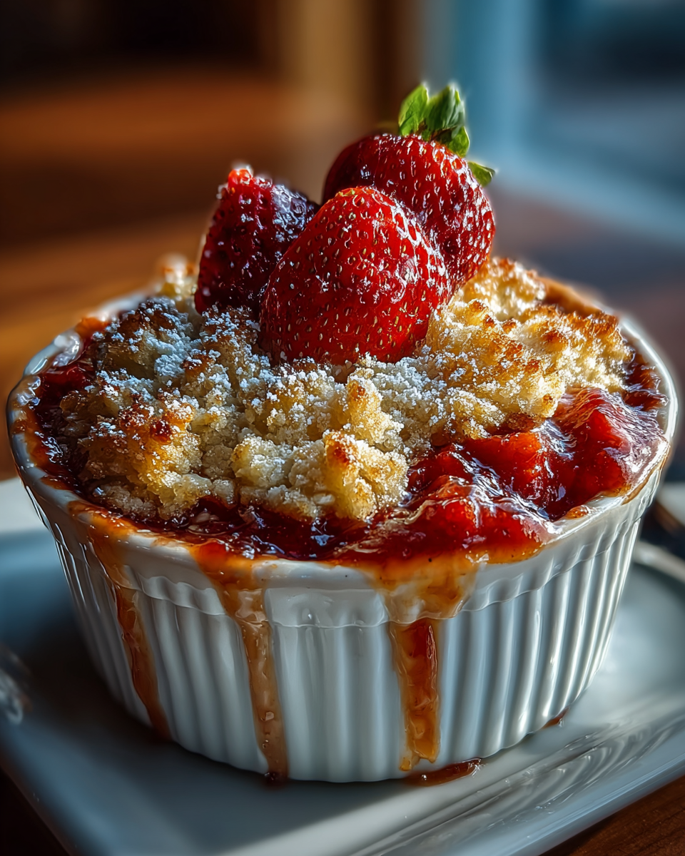 A warm, bubbling strawberry rhubarb crisp topped with a golden, crunchy oat streusel, served in a rustic baking dish.