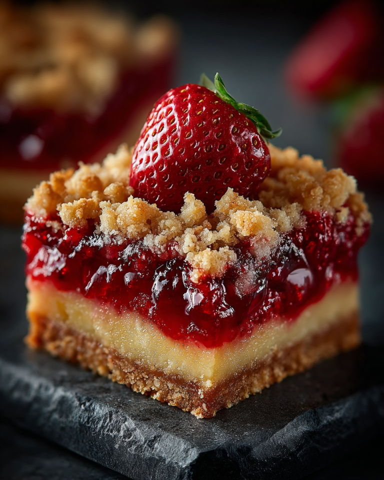 Golden brown strawberry rhubarb crumb bars with a glistening fruit filling and buttery crumble topping on a cooling rack.