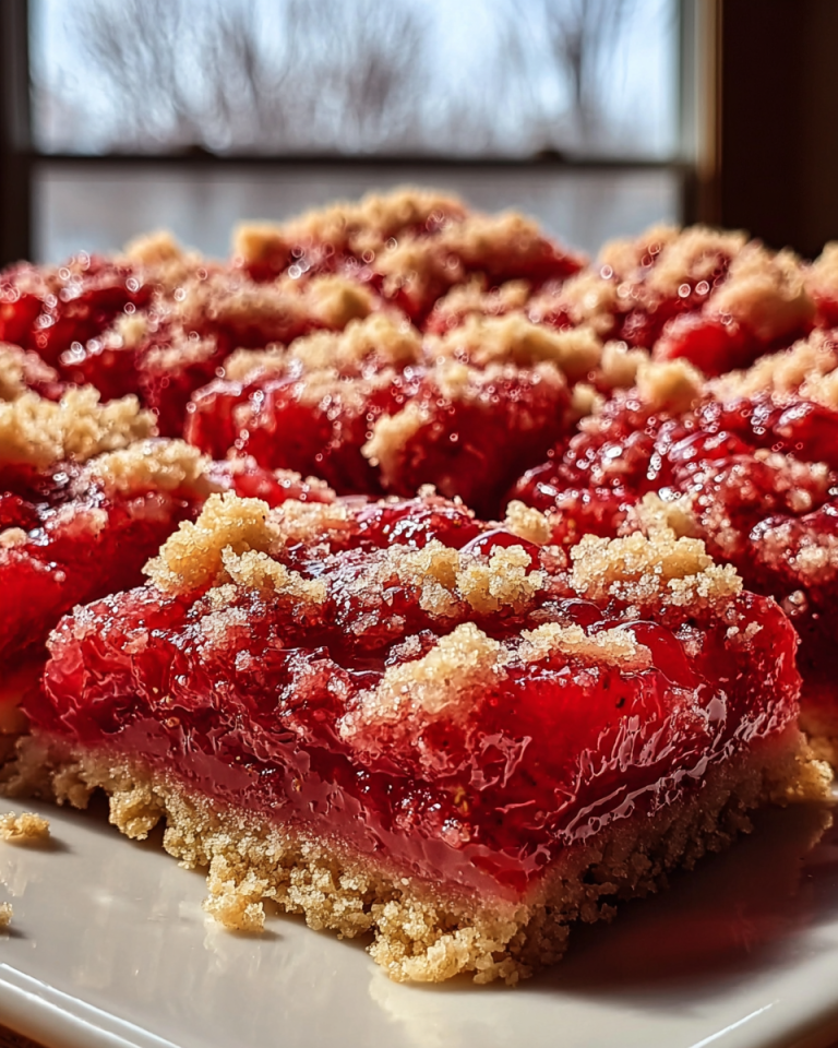 Close-up of golden-brown Strawberry Rhubarb Crumb Bars dusted with powdered sugar, ready to serve.