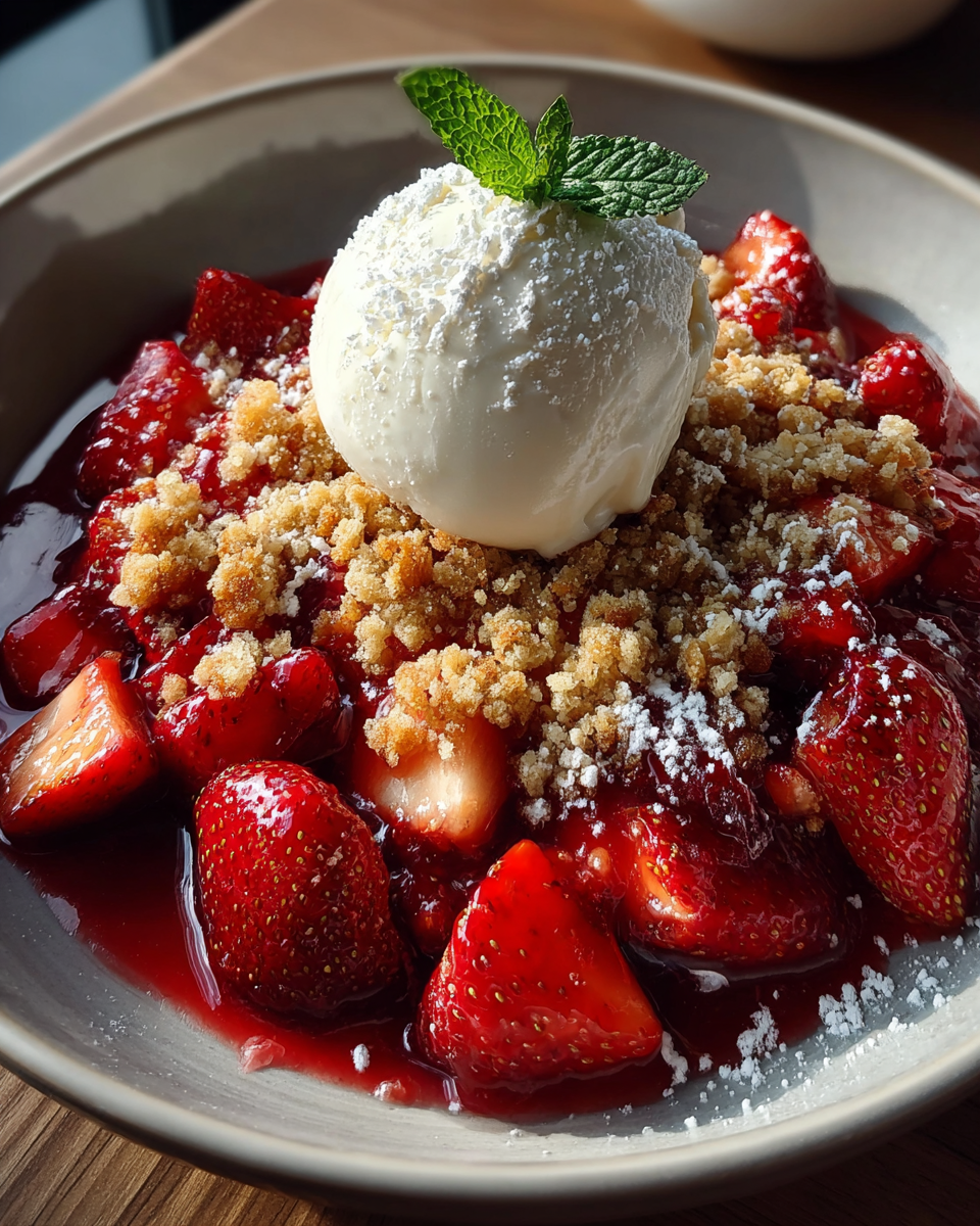 A close-up shot of a warm, golden-brown strawberry rhubarb crumble, topped with melting vanilla ice cream, ready to be served.