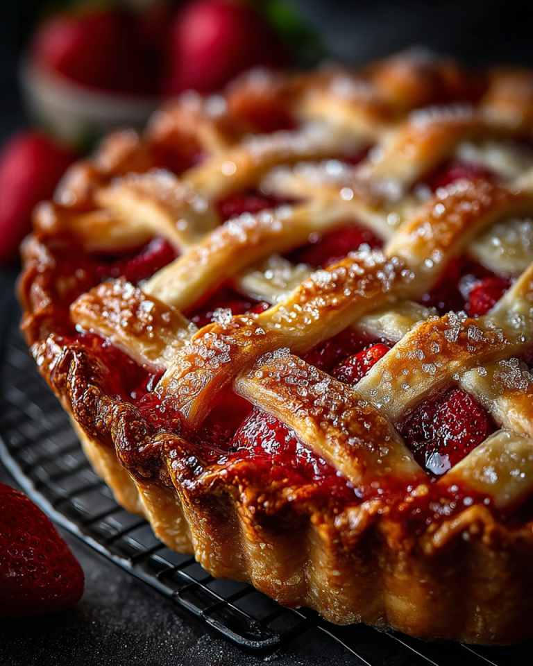 A golden-brown, flaky strawberry rhubarb pie with a lattice top, showing vibrant red filling peeking through, ready to be served.