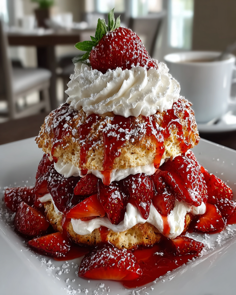 A beautiful, close-up shot of a classic strawberry shortcake with whipped cream and fresh berries, perfect for dessert.