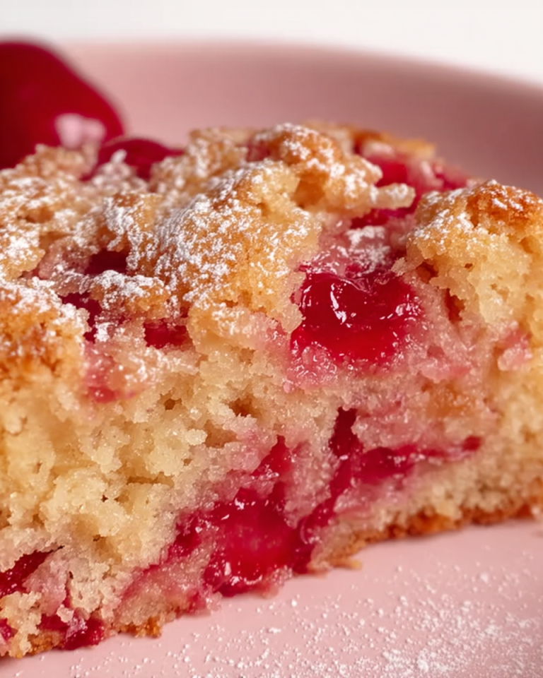 A close-up slice of delicious Tasty Rhubarb Cake with a crumbly topping and a vibrant pink rhubarb filling on a white plate.