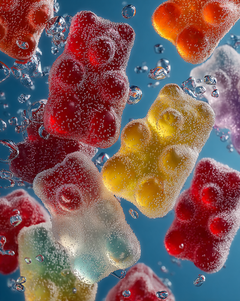 A vibrant bowl of glistening, frosty tiktok frozen gummy bears, ready for a refreshing snack.