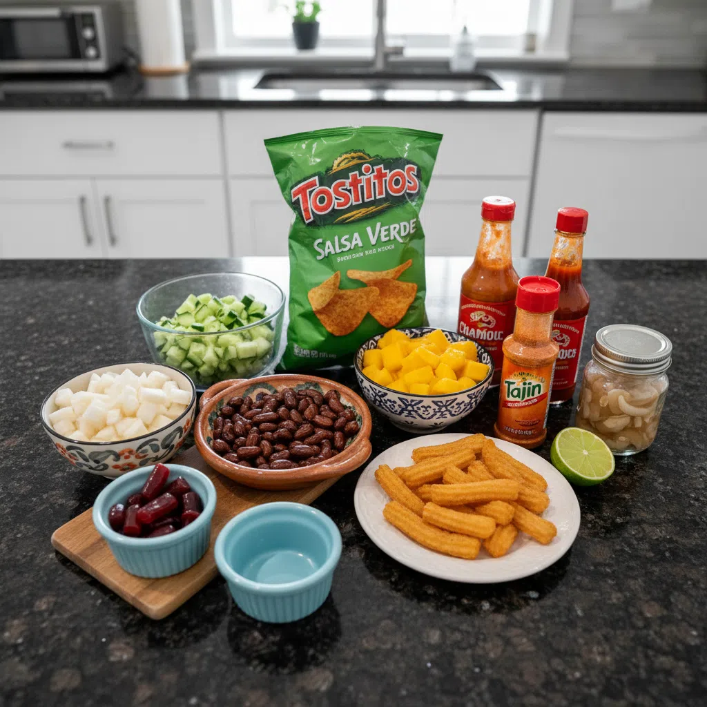 An assortment of fresh ingredients for Tostilocos including cucumber, jicama, peanuts, tamarind candy, lime, chamoy, and a bag of Tostitos chips.