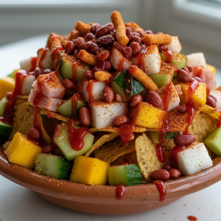 A vibrant bowl of Tostilocos featuring Tostitos chips, cueritos, cucumber, jicama, peanuts, and a drizzle of chamoy sauce.