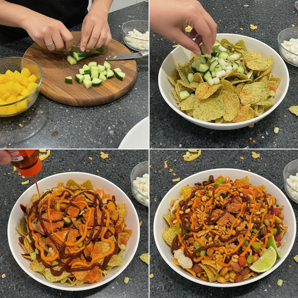 Hands assembling Tostilocos, layering chopped jicama, cucumber, peanuts, and cueritos into a bag of Tostitos chips.