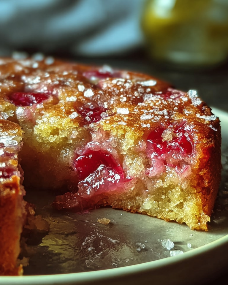 A slice of warm, golden Traditional Norwegian Rhubarb Cake with a Tender Crust, topped with a dollop of whipped cream, on a white plate.