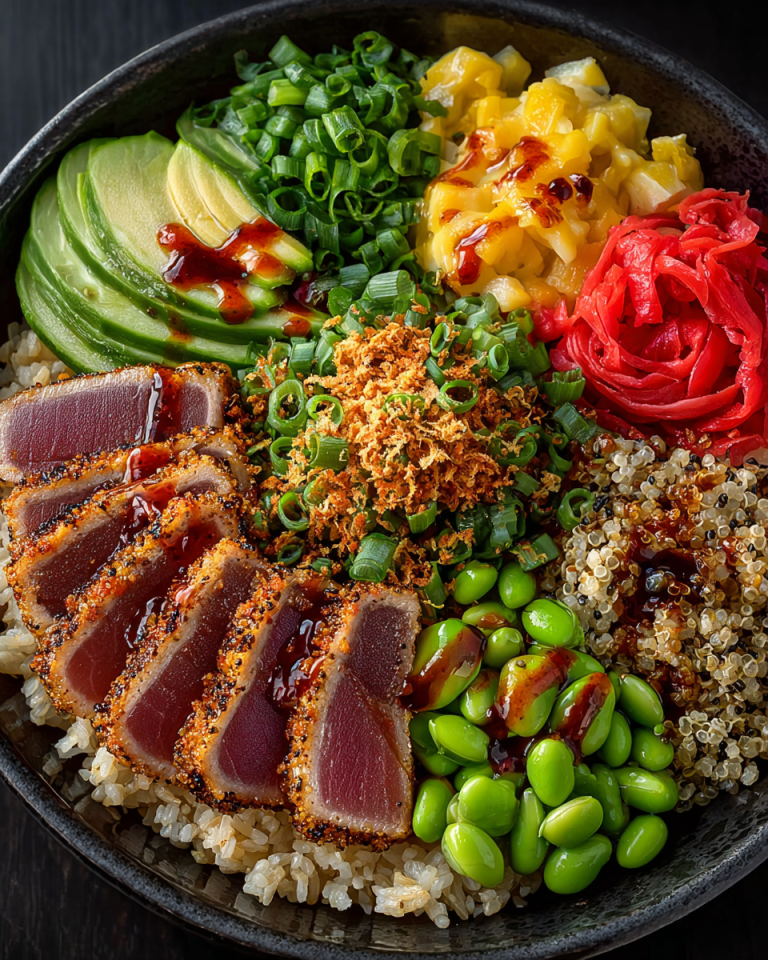 A vibrant tuna rice bowl topped with fresh avocado, cucumber, and spicy mayo, showcasing the colorful ingredients.