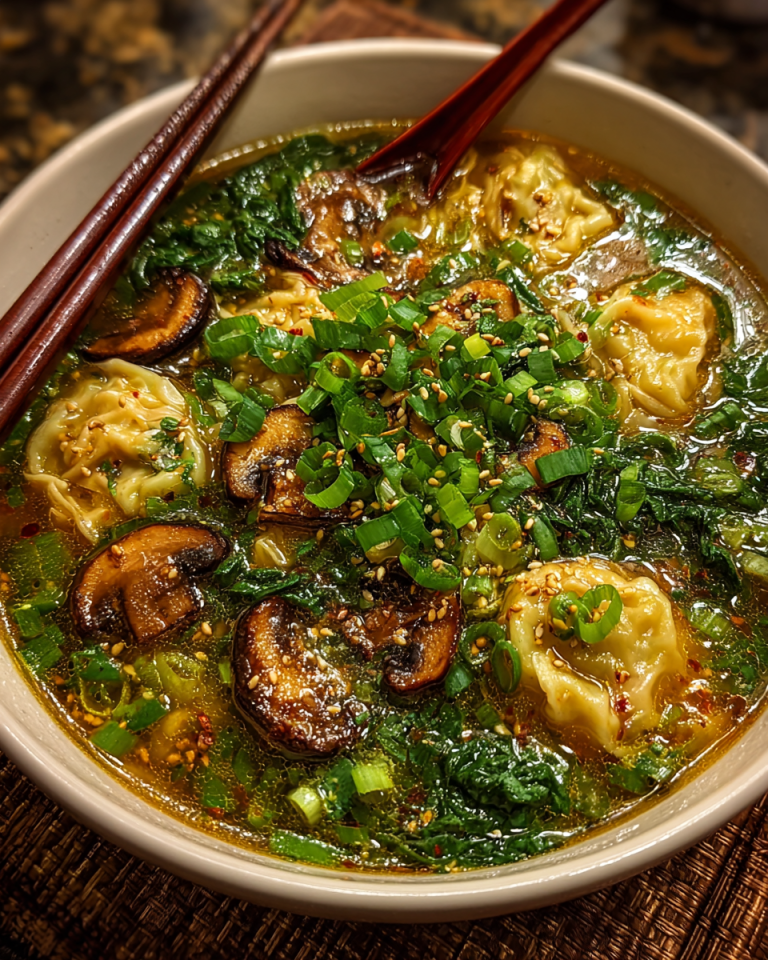 A steaming bowl of homemade wonton soup garnished with fresh green onions and cilantro, perfect for a comforting meal.